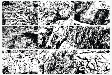 Rock or stones vector overlay texture background set. Black and white stone and rocks wall texture. Grunge trace of solid marble or mineral wall collection.