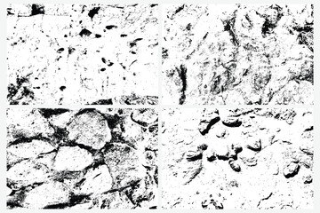 Set of vector overlay texture of stones and rocks. Grunge texture of different boulders collection. Cracked and damaged stones rubble.