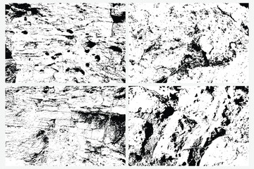 Rock or stones vector overlay texture background set. Black and white stone and rocks wall texture. Grunge trace of solid marble or mineral wall collection.
