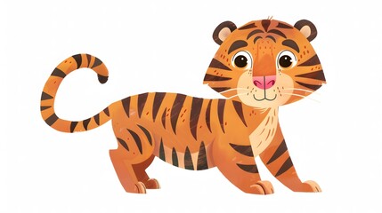Cheerful Cartoon Tiger in Simple Style on White Background