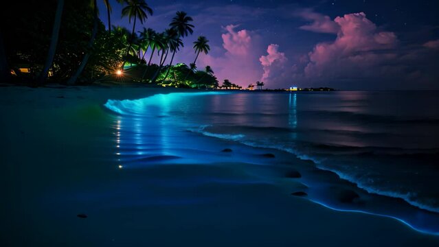 Beautiful night view of a tropical beach in the Maldives, Bioluminescence, Night beach scene in the Maldives with bioluminescent plankton illuminating the waterline