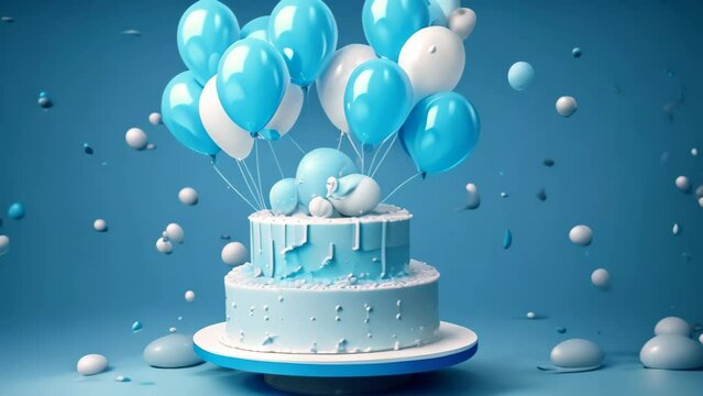 Blue birthday cake with balloons and confetti on blue background 3D rendering, Birthday cake with balloons and confetti on a blue background, 3D rendering