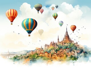 Fototapeta premium Hot air balloons of different shapes and sizes fly over the city and are colored red, yellow, blue, green and purple. The city has a castle structure and is surrounded by green trees. The sky is blue 