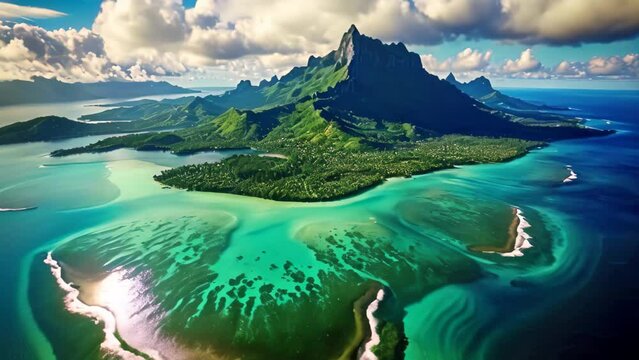 Aerial view of the island of Mauritius in the Indian Ocean, Bora Bora aerial view, Tahiti, French Polynesia
