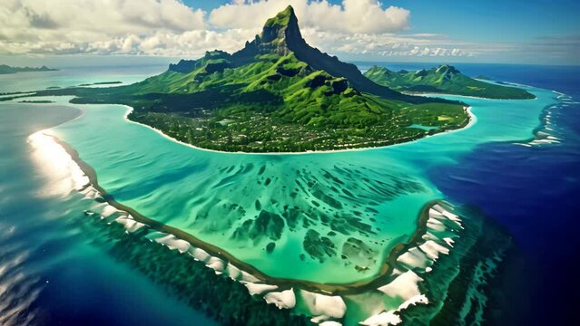 Panoramic view of the island of Bora Bora, French Polynesia, Bora Bora aerial view, Tahiti, French Polynesia