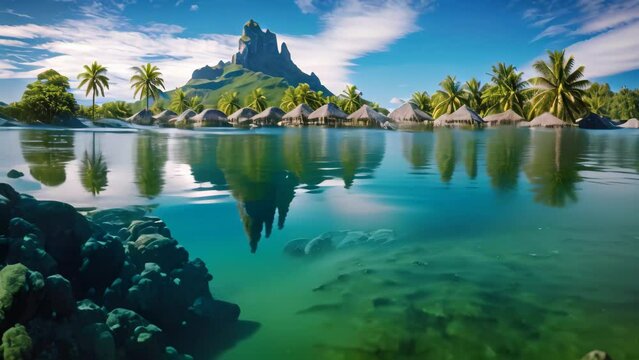Paradise view of the island of Mauritius from the water, Bora Bora landscape