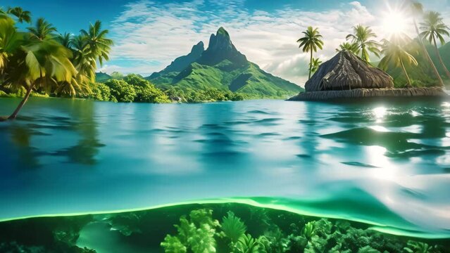 Tropical island underwater with palm trees and rock. Panorama, Bora Bora underwater