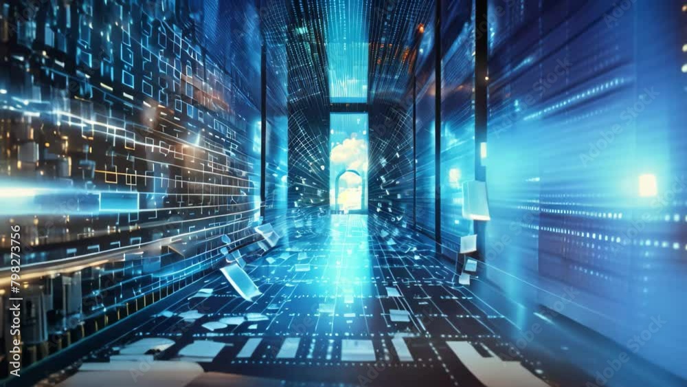 Poster abstract blue background with technology and binary code, 3d render, data privacy protection busines