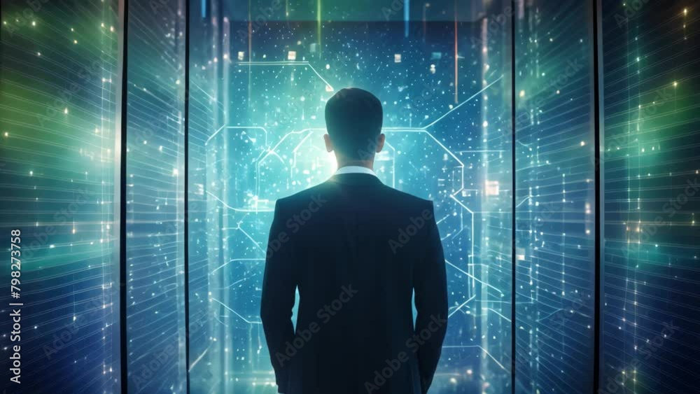 Poster back view of businessman looking at abstract business hologram on server room background. technology
