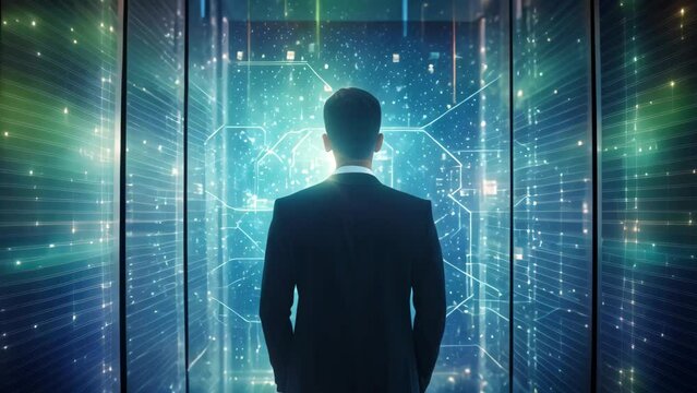 Back view of businessman looking at abstract business hologram on server room background. Technology concept. Double exposure, Data Privacy Protection Business Technology Privac