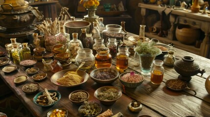 The table is cluttered with a mishmash of ingredients dried herbs animal bones and crystals all meticulously organized in small jars . .