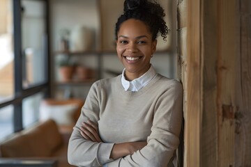 African American Woman Smiling in a Modern Office, wearing a sweater

