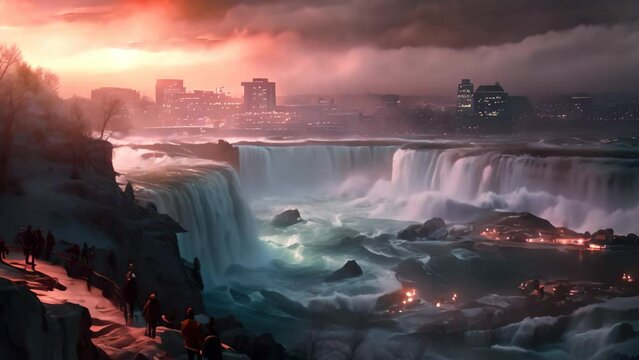 Niagara Falls at sunset, Ontario, Canada. HDR Video, Dusk at Niagara Falls