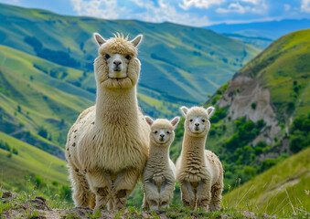 Fototapeta premium An alpaca family standing in front of the mountains.