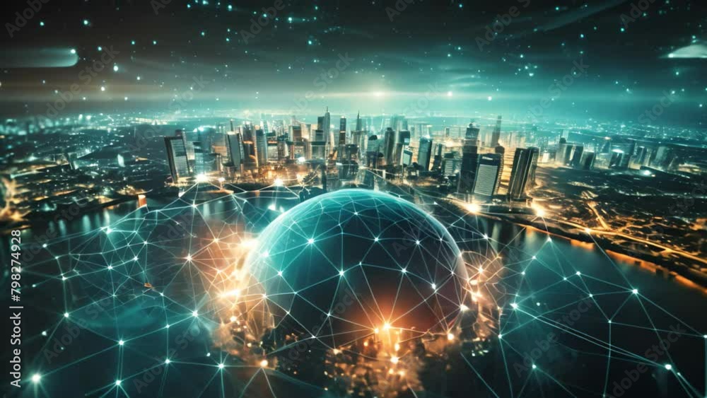 Poster global network connection over modern cityscape at night. 3d rendering, global network connection an