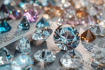 A bunch of different colored diamonds on a newspaper page with a newspaper clipping in the