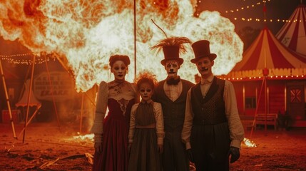 1900s film still. cinematic frame showing a bizarre circus 4 member family posing for a photo. seen in front view in front of a circus tent on fire. vintage film. in style of 1900s photo