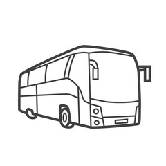 Vector linear icon of a tour bus, representing a tourism-related item. Black and white line drawing of a sightseeing vehicle.
