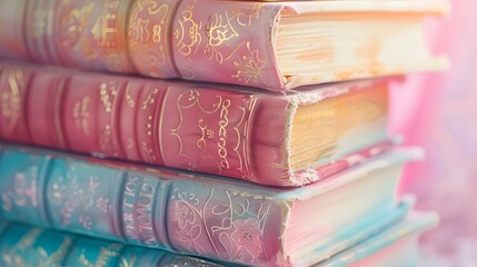 Against a soft pastel backdrop, a stack of books invites exploration, their spines adorned with...