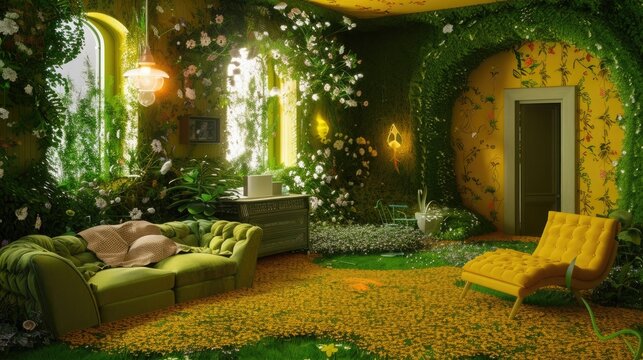 A surreal scene includes a green living room covered grass and flowers with furnitures and yellow wallpaper. (3d render)