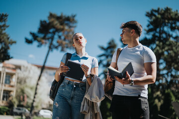 Two young adults study together, holding notebooks in a sunny park, showcasing the concept of...
