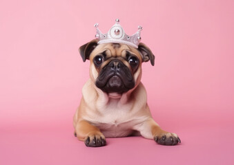 Pug dog wearing silver crown like queen on her head, laying in center of pink solid background. Royal dog breed. Fashion beauty for pets.