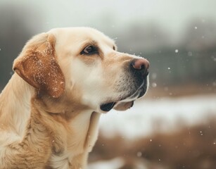 A dog is looking up at the sky in the snow. Generative AI.