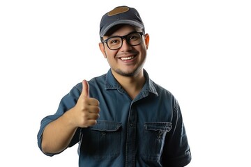 A man in a blue shirt and glasses giving the thumbs up. Generative AI.