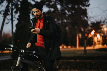 A young man stands by his bicycle in a park, using his smart phone as dusk settles in, with street...