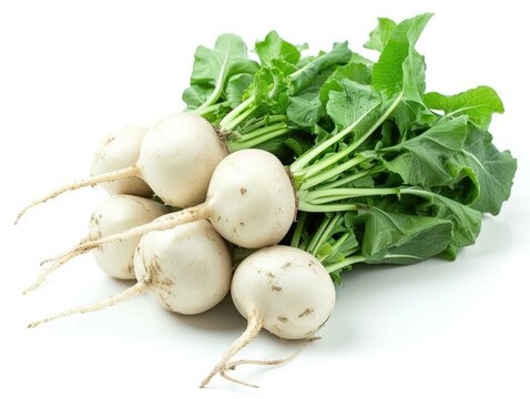 A bunch of turnips on a white background. Generative AI.