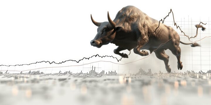A bull is jumping over a chart with a bull on top. Generative AI.