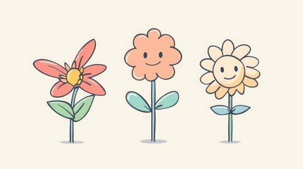 A simple line drawing of an three anthropomorphic flower characters. The illustration is minimalistic, focusing on basic shapes and lines to capture the essence of the subject. It's designed as clipar