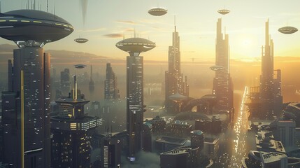 The image shows a futuristic city with tall buildings and flying cars