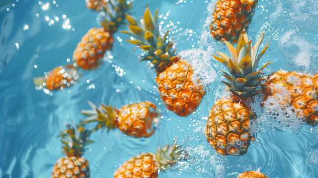photo of pineapples swimming on a pool, water, brite sky, photo taken from above 