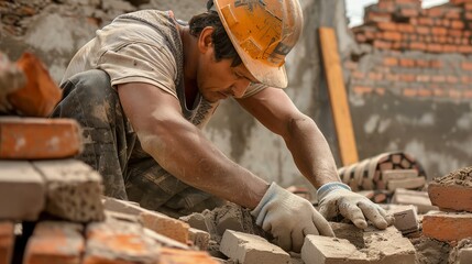 View of mason laying bricks at construction site. worker's day. labor day. international worker's day