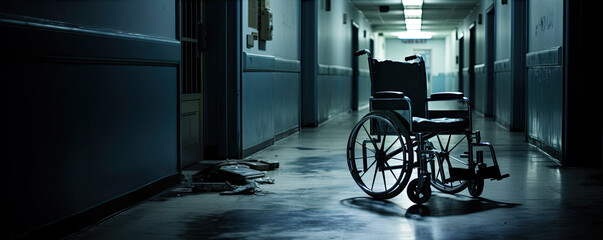 wheelchair positioned in the center of an empty, dimly lit hospital corridor, evoking feelings of abandonment or anticipation. copy space for text.