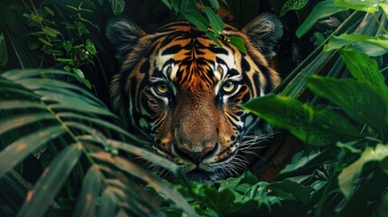 A detailed image of a tiger camouflaged among the foliage, showcasing their stealth and agility in the wild on International Tiger Day.