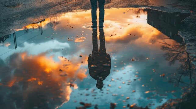 A young man reflected on a puddle at sunset