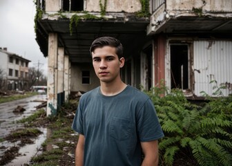 young european man standing back to the camera in front of a desolated, moos overgrown stadium in terrible apocalyptic overgrown city