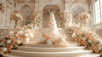 Wedding cake decorated with flowers. Wedding cake on the stairs