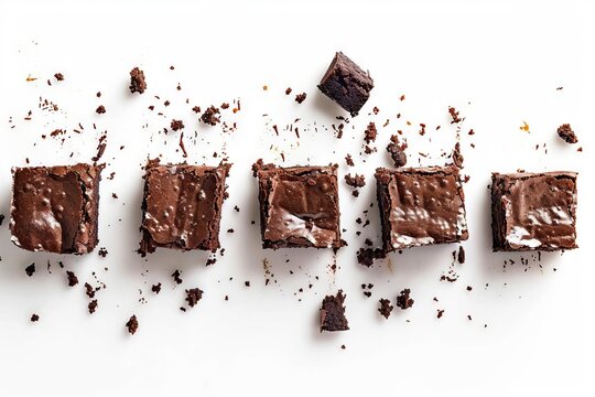 decadent chocolate brownies in five devoured stages on white background food photography