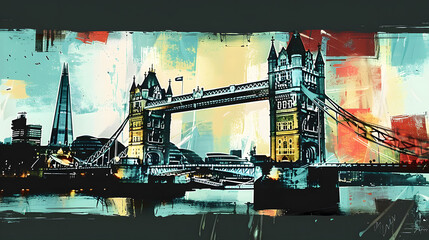 Contemporary style minimalist artwork collage illustration of London Bridge Uk. Ai generative.