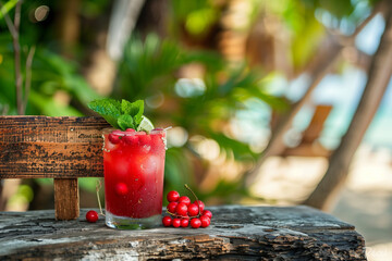 photo of a summer cocktail, red fruits, empty wooden sign standing next by