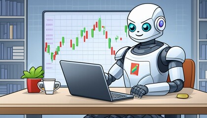 illustration of a roboter trading stock on a laptop