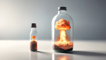 A nuclear or atomic explosion in a bottle standing on a table in a room on a desert landscape background. The concept that there are no small or large nuclear bombs
