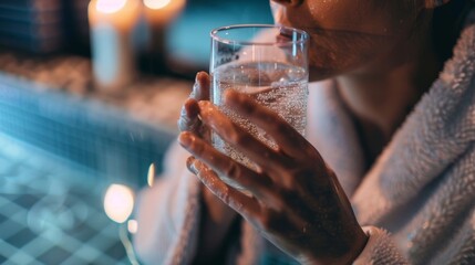 A person wearing a bathrobe and drinking a glass of water after finishing their sauna and cold shower routine feeling rejuvenated and relaxed..