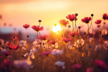 Wild flowers against sunset landscape sunlight outdoors.