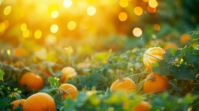Softly out of focus background showcasing a charming pumpkin patch with vibrant orange pumpkins and lush green vines creating a dreamy and inviting setting for a Halloweenthemed party. .