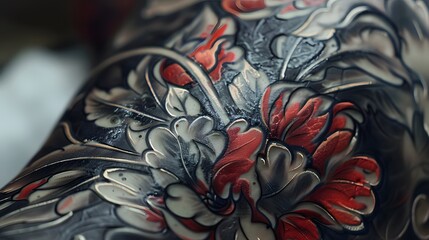 Bathed in soft, natural light, the tattoo design appears as if painted onto the skin, its intricate details and bold lines captured in stunning high definition