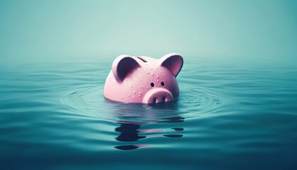 Piggy bank drowning in debt, concept of bankruptcy and losing money